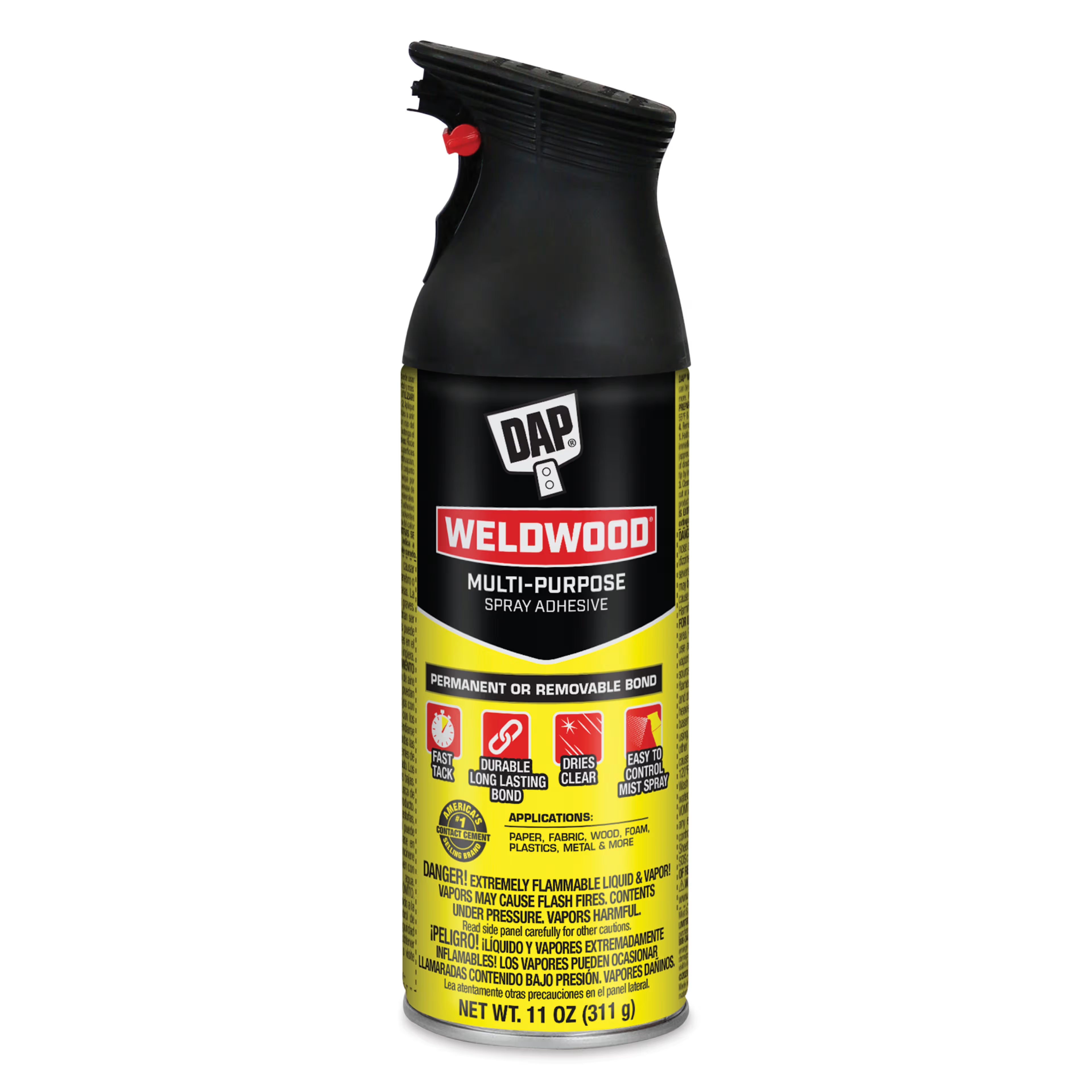 The DAP Weldwood Multi-Purpose Spray Adhesive 11 oz by DAP features a black and yellow can with a red label, offering strong, permanent or removable bonding for various materials.